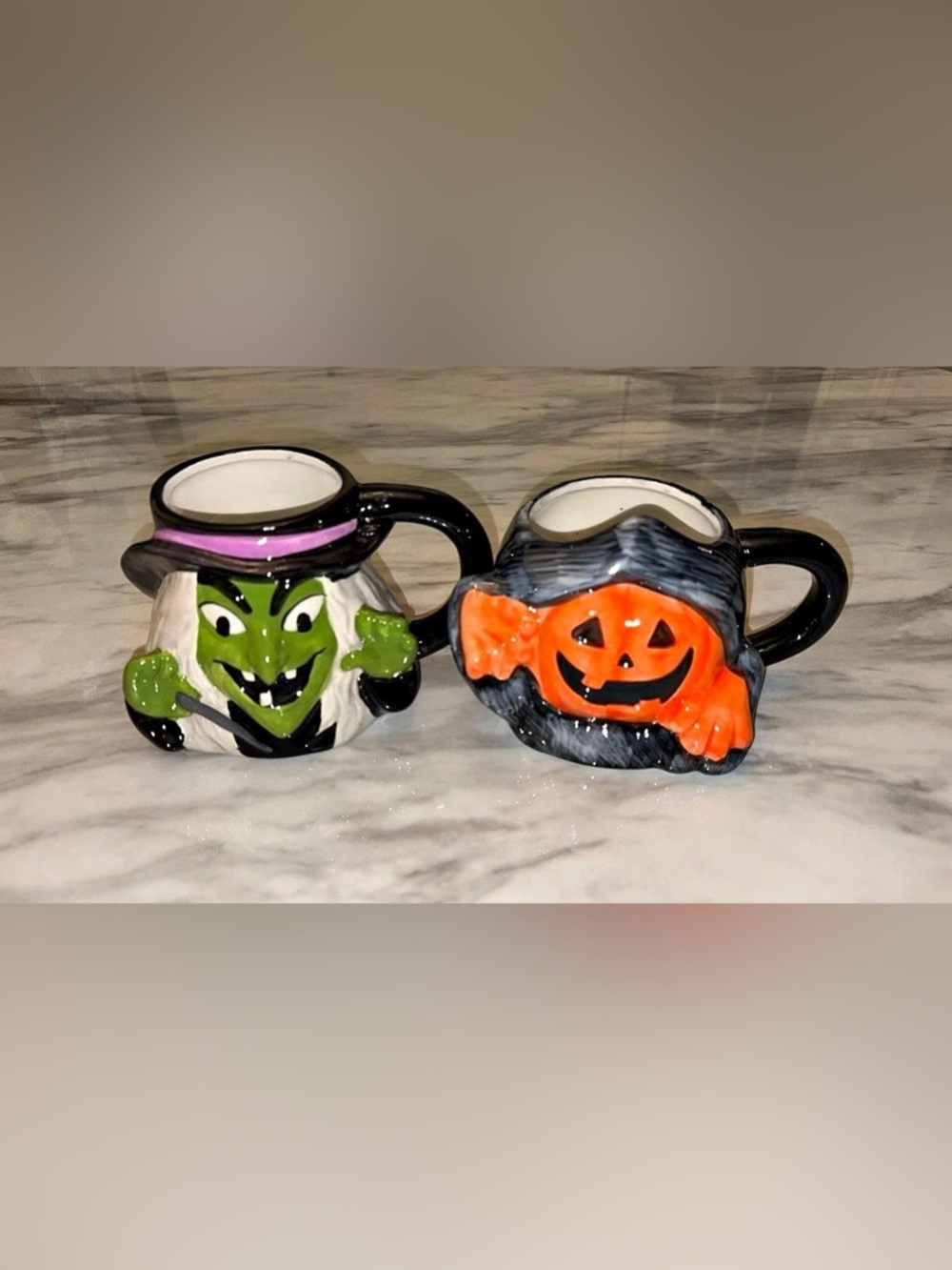 NWT Halloween Green Witch & Hooded Jack O Lantern Ceramic Mini Mug Set of 2